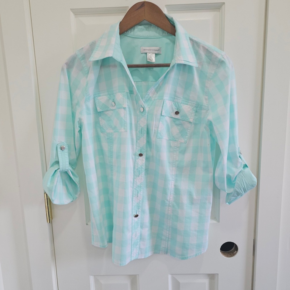 Christopher & Banks Mint Green Gingham Roll Tab Sleeve Button Down Shirt Small